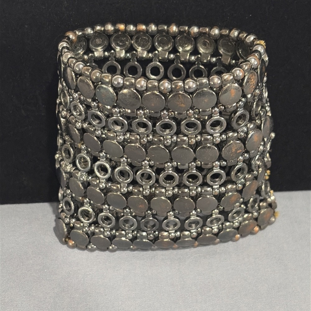 VTG Y2K Silver Statement Cuff Bracelet Set - Aldo Beaded & Hammered Flare Cuffs - Picture 5 of 12